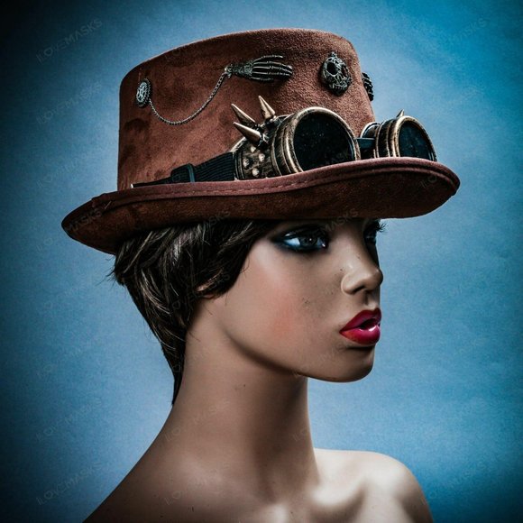 Brown Victoria Steampunk Spike Goggle Party Hat - Picture 3 of 8